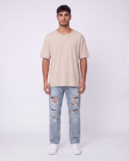 T-shirt- Oversize Striped Linen Beige