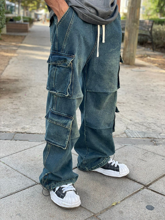 Wide Fit Denim Cargo Pants