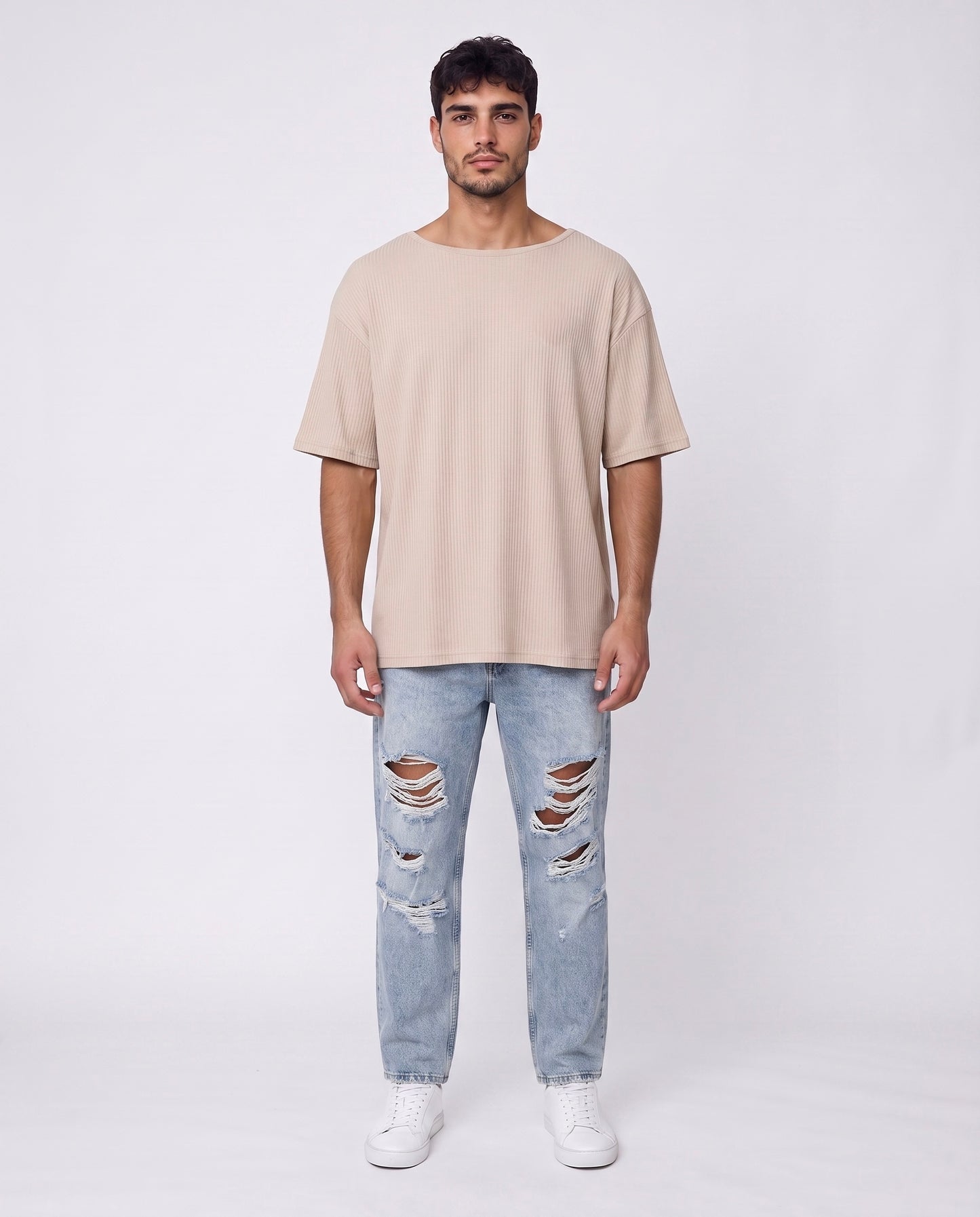 T-shirt- Oversize Striped Linen Beige