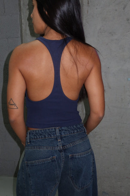 Rib Open Back Tank Top- blue
