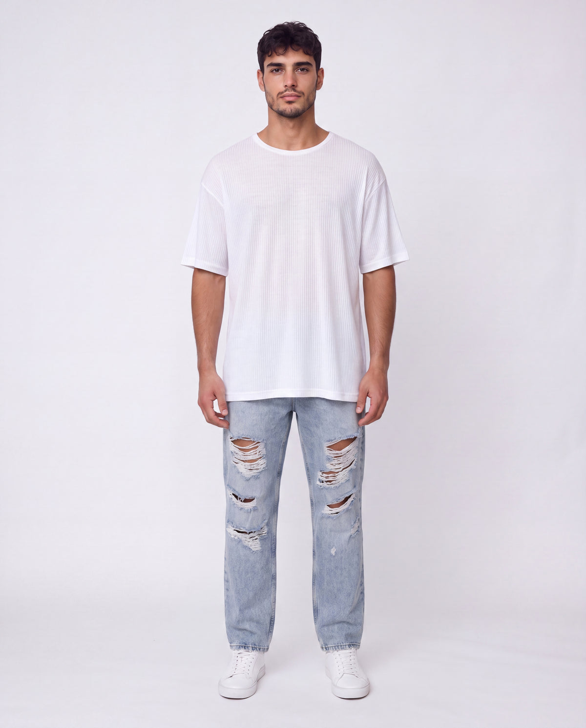 T-shirt- Linen Stripes White