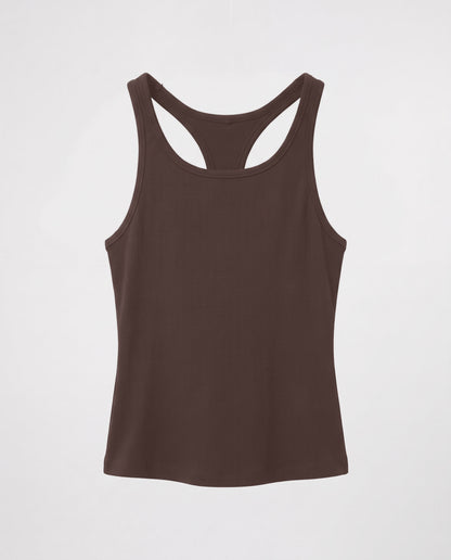Rib Open Back Tank Top- Brown