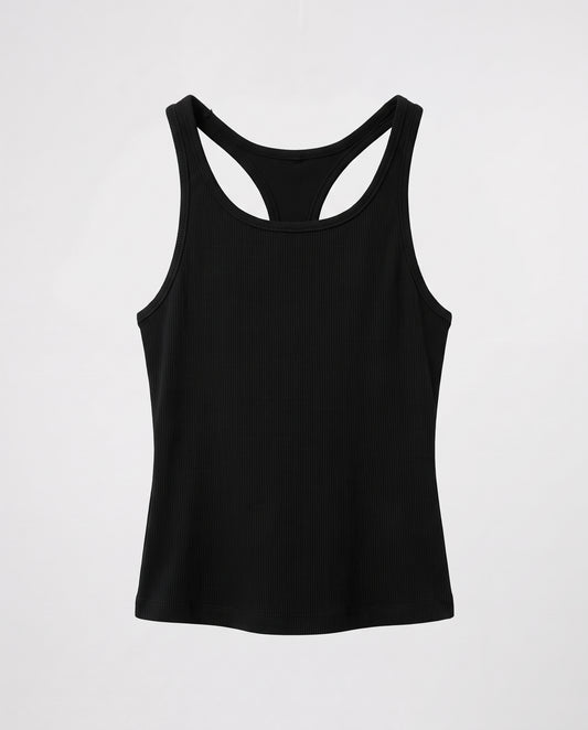 Rib Open Back Tank Top- Black