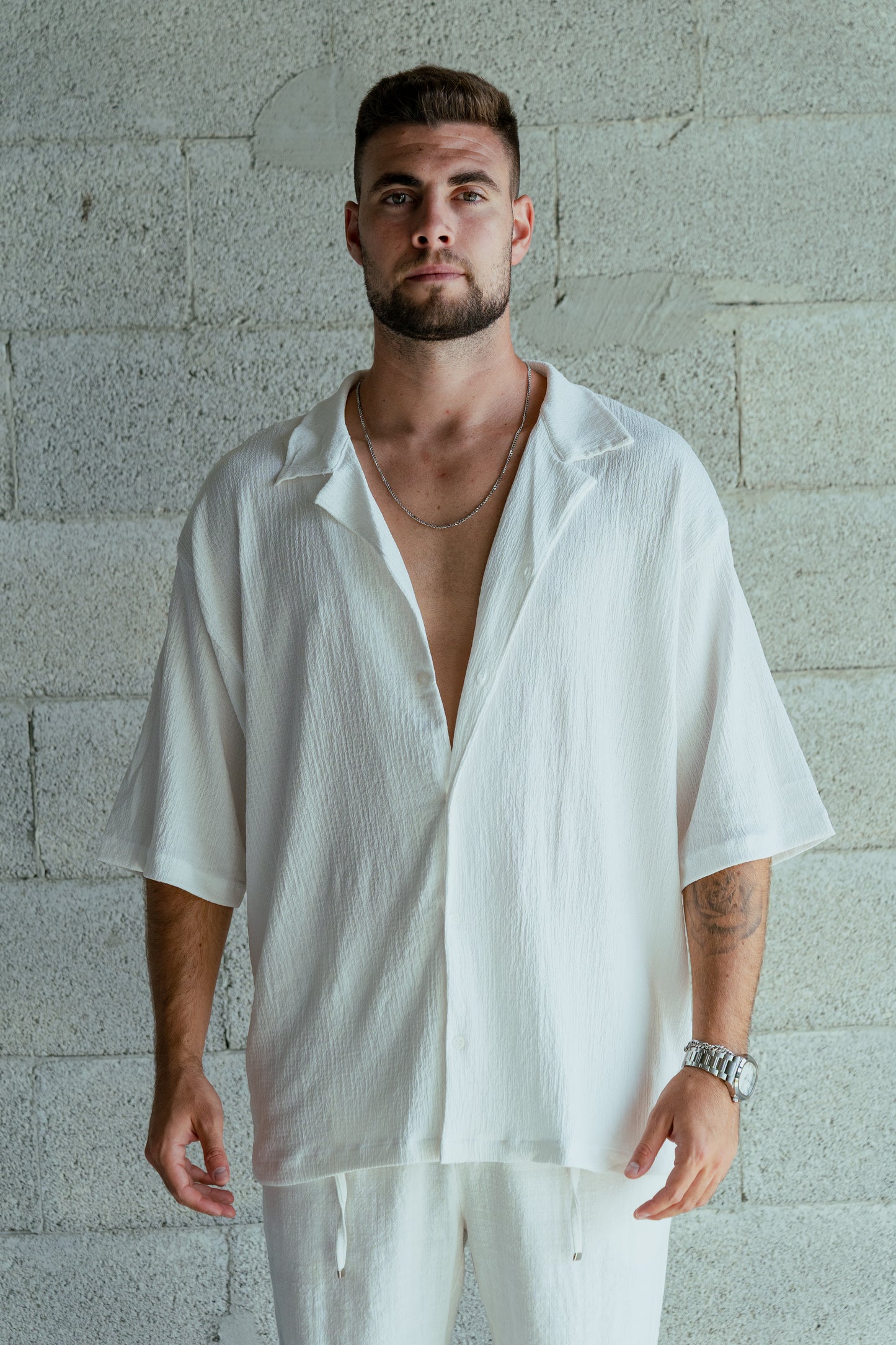 Shirt Band collar – White linen