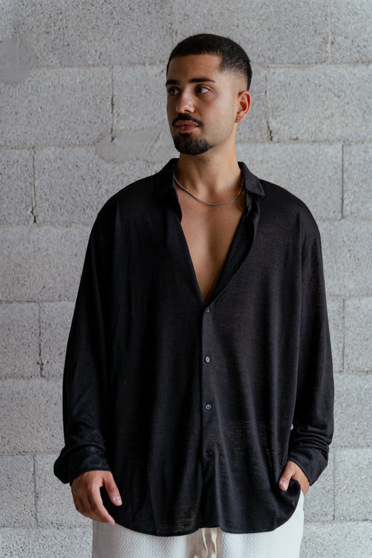 Shirt Band collar –  Black linen