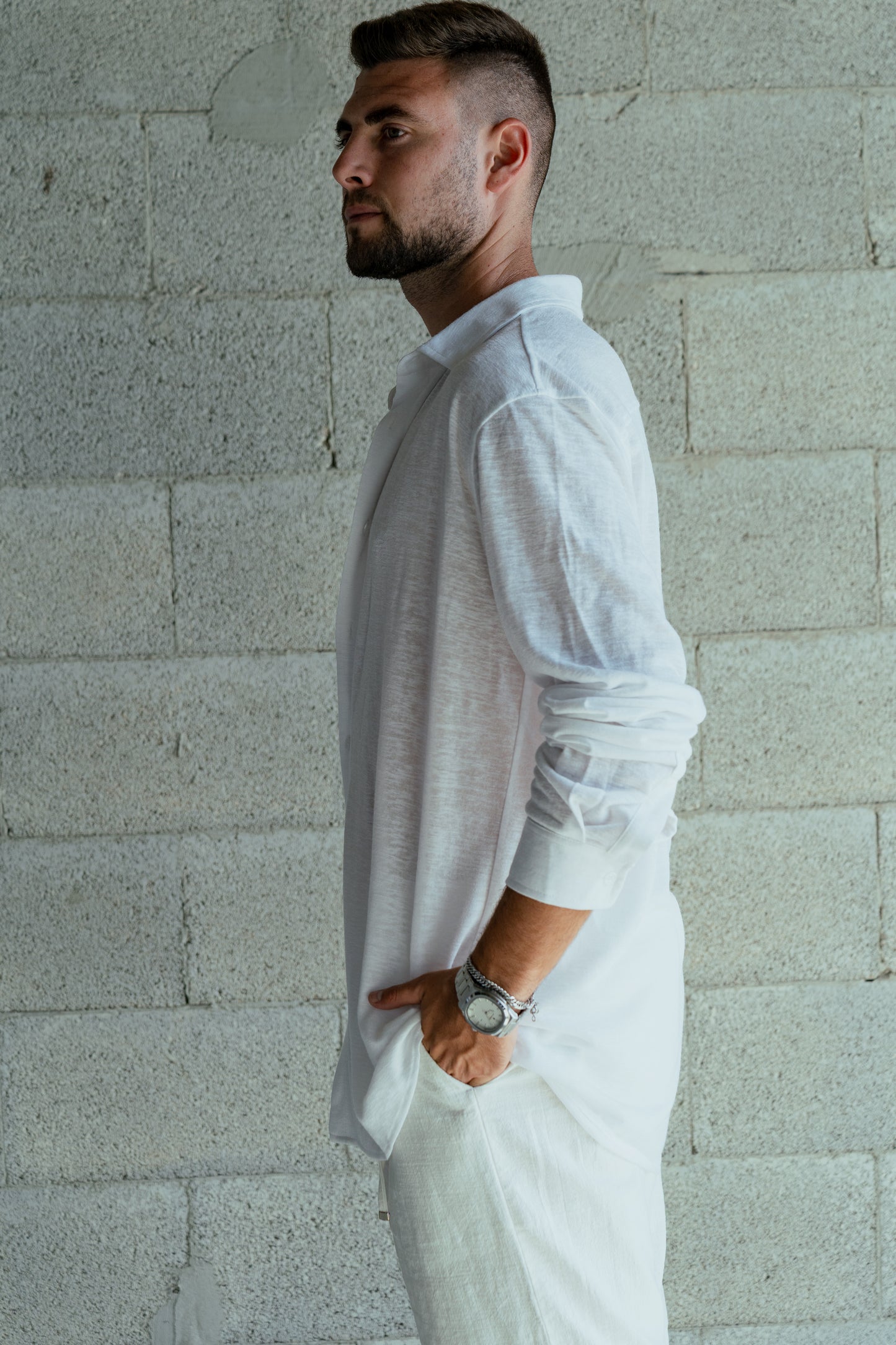 Shirt Band collar – White linen