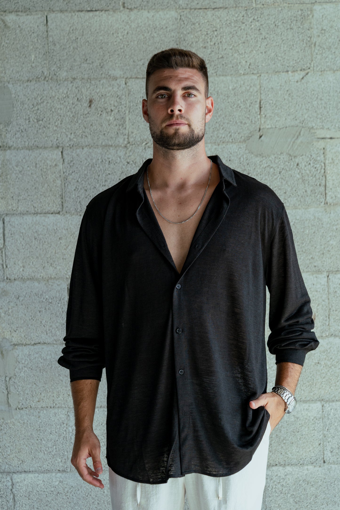 Shirt Band collar –  Black linen