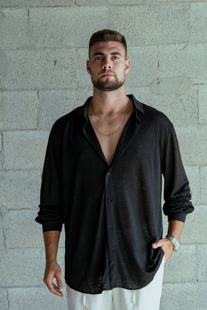 Shirt Band collar –  Black linen