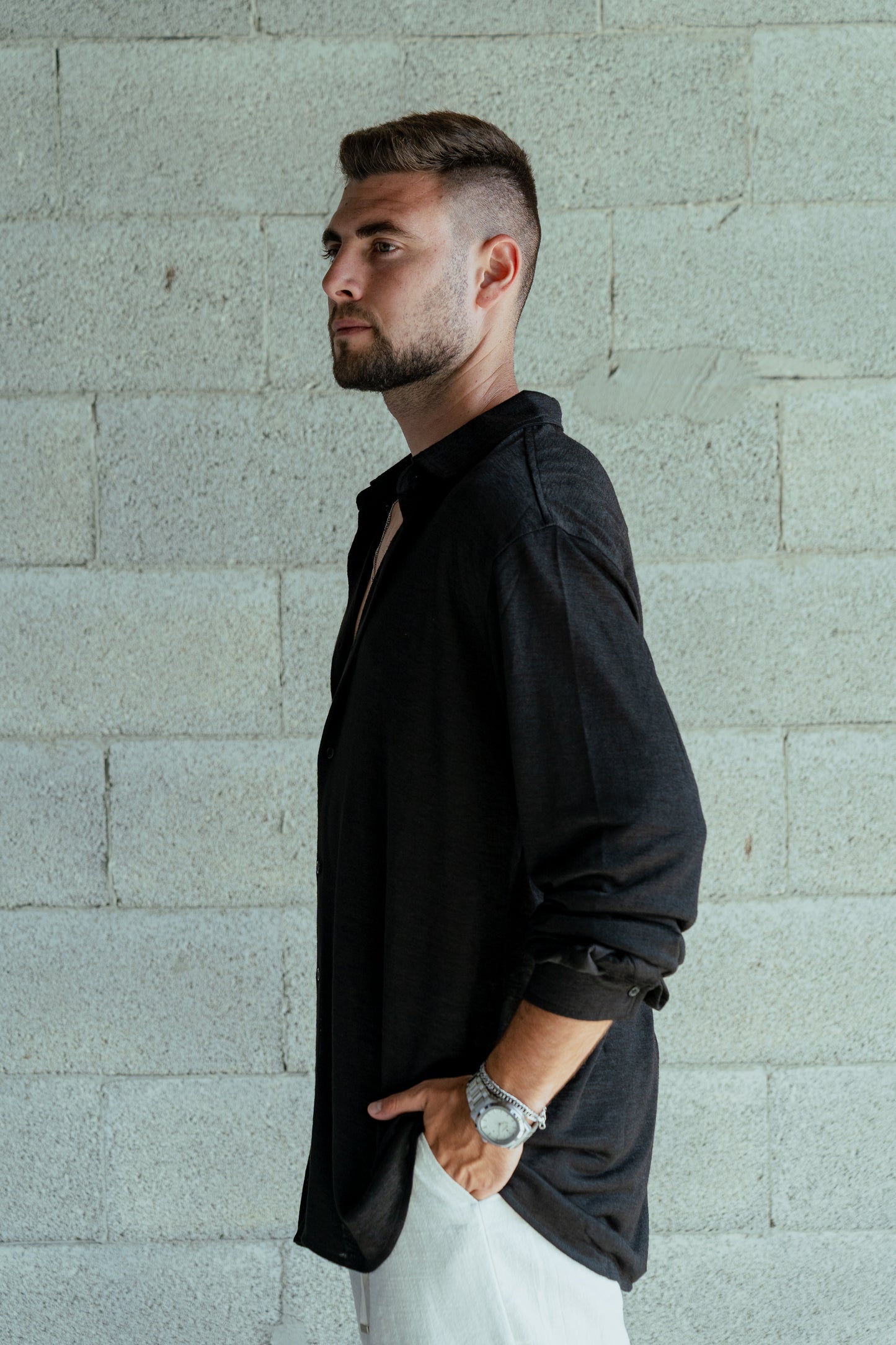 Shirt Band collar –  Black linen