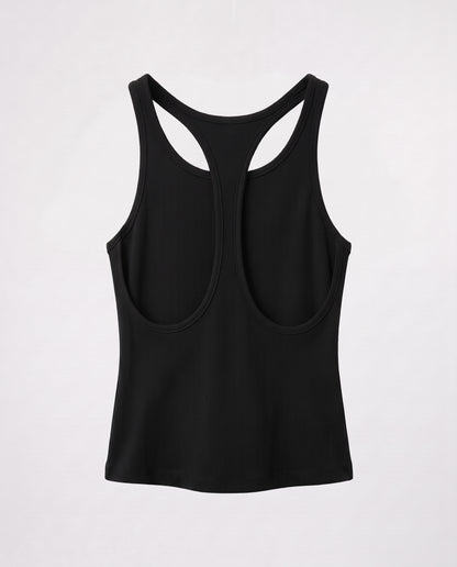 Rib Open Back Tank Top- Black